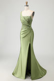 Green One Shoulder Corset Mermaid Appliqued Prom Dress With Slit