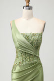 Green One Shoulder Corset Mermaid Appliqued Prom Dress With Slit
