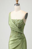 Green One Shoulder Corset Mermaid Appliqued Prom Dress With Slit