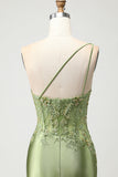 Green One Shoulder Corset Mermaid Appliqued Prom Dress With Slit