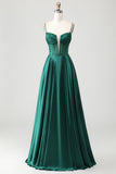 Dark Green A-Line Corset Spaghetti Straps Prom Dress With Beading