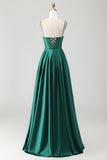 Dark Green A-Line Corset Spaghetti Straps Prom Dress With Beading