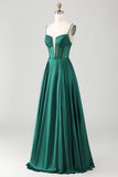 Dark Green A-Line Corset Spaghetti Straps Prom Dress With Beading