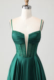 Dark Green A-Line Corset Spaghetti Straps Prom Dress With Beading