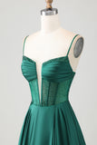Dark Green A-Line Corset Spaghetti Straps Prom Dress With Beading