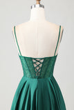 Dark Green A-Line Corset Spaghetti Straps Prom Dress With Beading