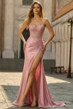 Strapless Corset Blush Appliqued Mermaid Satin Prom Dress