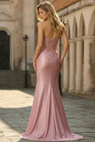 Strapless Corset Blush Appliqued Mermaid Satin Prom Dress
