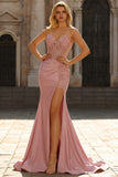 Strapless Corset Blush Appliqued Mermaid Satin Prom Dress