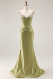 Green Mermaid Corset Spaghetti Straps Prom Dress With Rhinestones