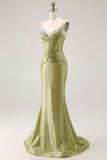 Green Mermaid Corset Spaghetti Straps Prom Dress With Rhinestones