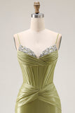 Green Mermaid Corset Spaghetti Straps Prom Dress With Rhinestones