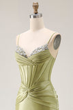 Green Mermaid Corset Spaghetti Straps Prom Dress With Rhinestones