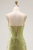Green Mermaid Corset Spaghetti Straps Prom Dress With Rhinestones