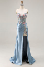 Grey Blue Sweetheart Corset Appliqued Prom Dress With Slit