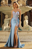 Grey Blue Mermaid Sweetheart Beaded Corset Prom Dress With Slit