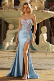 Grey Blue Mermaid Sweetheart Beaded Corset Prom Dress With Slit