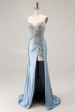 Grey Blue Sweetheart Corset Appliqued Prom Dress With Slit
