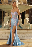 Grey Blue Mermaid Sweetheart Beaded Corset Prom Dress With Slit