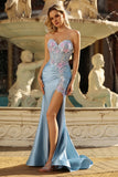 Grey Blue Mermaid Sweetheart Beaded Corset Prom Dress With Slit
