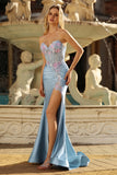 Grey Blue Mermaid Sweetheart Beaded Corset Prom Dress With Slit