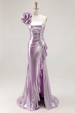 Metallic Light Purple One Shoulder Mermaid Prom Dress With Ruffle Slit