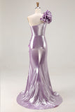Metallic Light Purple One Shoulder Mermaid Prom Dress With Ruffle Slit
