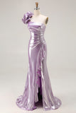 Metallic Light Purple One Shoulder Mermaid Prom Dress With Ruffle Slit