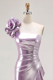 Metallic Light Purple One Shoulder Mermaid Prom Dress With Ruffle Slit