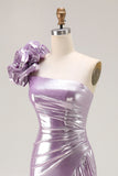 Metallic Light Purple One Shoulder Mermaid Prom Dress With Ruffle Slit