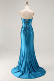 Strapless Royal Blue Corset Beaded Mermaid Prom Dress With Slit