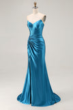 Strapless Royal Blue Corset Beaded Mermaid Prom Dress With Slit
