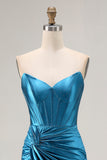 Strapless Royal Blue Corset Beaded Mermaid Prom Dress With Slit