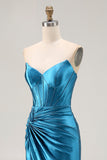 Strapless Royal Blue Corset Beaded Mermaid Prom Dress With Slit