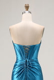 Strapless Royal Blue Corset Beaded Mermaid Prom Dress With Slit
