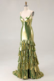 Metallic Gold Tiered Mermaid Lace Up Back Prom Dress With Slit