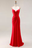 Red Corset Mermaid Spaghetti Straps Satin Prom Dress