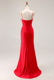 Red Corset Mermaid Spaghetti Straps Satin Prom Dress