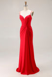 Red Corset Mermaid Spaghetti Straps Satin Prom Dress