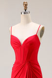 Red Corset Mermaid Spaghetti Straps Satin Prom Dress