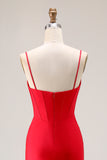Red Corset Mermaid Spaghetti Straps Satin Prom Dress