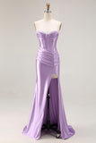 Purple Sweetheart Corset Pleated Satin Prom Dress With Slit