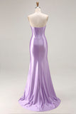 Purple Sweetheart Corset Pleated Satin Prom Dress With Slit