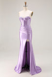 Purple Sweetheart Corset Pleated Satin Prom Dress With Slit