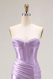 Purple Sweetheart Corset Pleated Satin Prom Dress With Slit