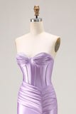 Purple Sweetheart Corset Pleated Satin Prom Dress With Slit