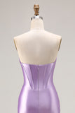 Purple Sweetheart Corset Pleated Satin Prom Dress With Slit