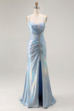 Light Blue Metallic Beaded Mermaid Prom Dress With Slit