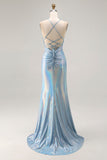 Light Blue Metallic Beaded Mermaid Prom Dress With Slit