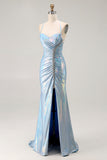 Light Blue Metallic Beaded Mermaid Prom Dress With Slit